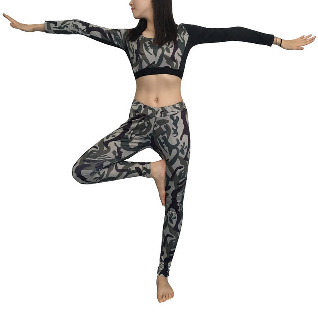 Sexy Girls Waist Gym Tracksuit Fitness Tights Yoga Set Workout Costume Leggings Shirt Top Camo Women's Sports Suit