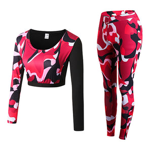 Sexy Girls Waist Gym Tracksuit Fitness Tights Yoga Set Workout Costume Leggings Shirt Top Camo Women's Sports Suit