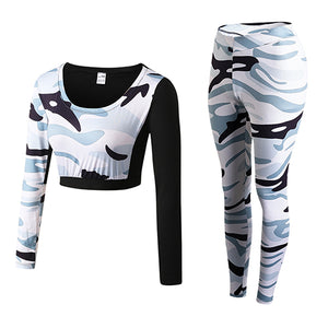 Sexy Girls Waist Gym Tracksuit Fitness Tights Yoga Set Workout Costume Leggings Shirt Top Camo Women's Sports Suit