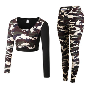 Sexy Girls Waist Gym Tracksuit Fitness Tights Yoga Set Workout Costume Leggings Shirt Top Camo Women's Sports Suit