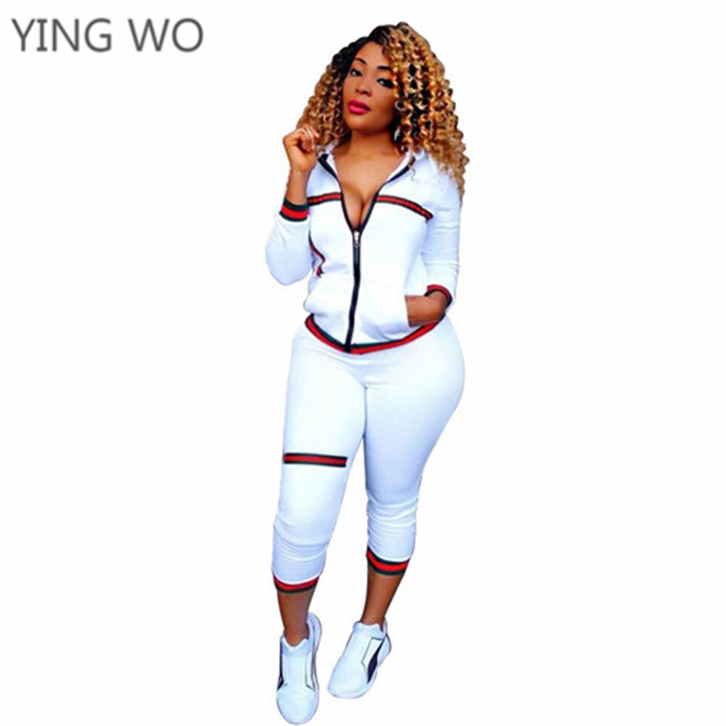 Black/White/Blue/Wine Autumn/Winter Style Women Set Two Pieces Front Zipper up with Pockets Tops Calf-length Pants Suits Online