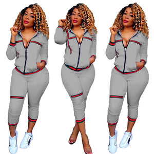 Black/White/Blue/Wine Autumn/Winter Style Women Set Two Pieces Front Zipper up with Pockets Tops Calf-length Pants Suits Online