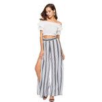 Summer Women Elegant High Split Wide Leg Pants Chiffon Beach Trousers Striped Layered Cropped Loose Palazzo Pants