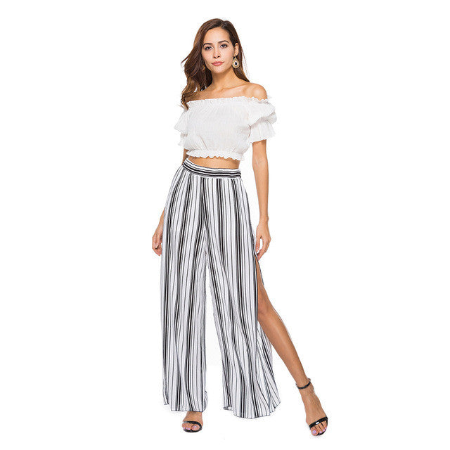 Summer Women Elegant High Split Wide Leg Pants Chiffon Beach Trousers Striped Layered Cropped Loose Palazzo Pants