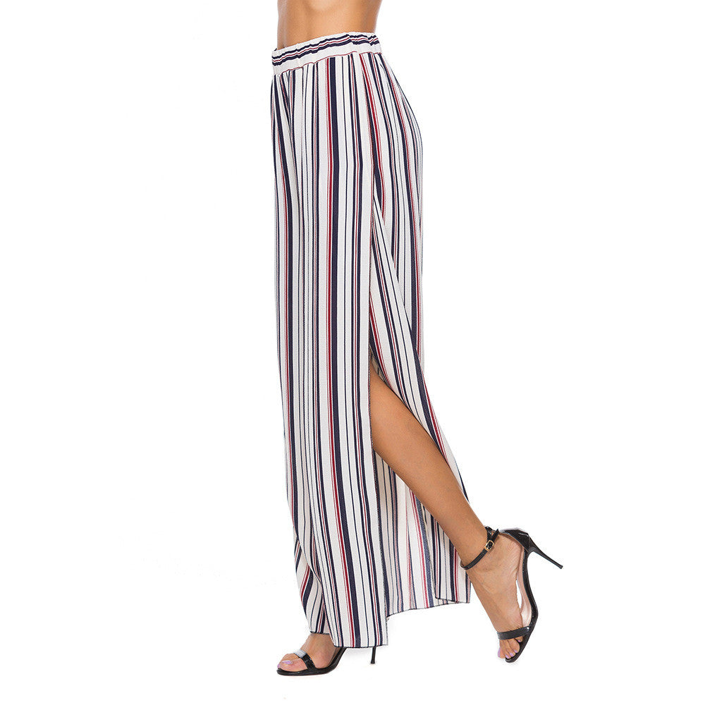 Summer Women Elegant High Split Wide Leg Pants Chiffon Beach Trousers Striped Layered Cropped Loose Palazzo Pants