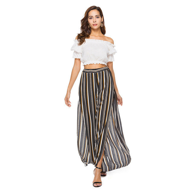 Summer Women Elegant High Split Wide Leg Pants Chiffon Beach Trousers Striped Layered Cropped Loose Palazzo Pants