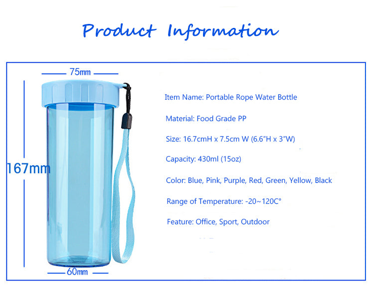 430ml Portable Straight Sport Water Bottle Outdoor BPA Free Plastic Drinkware With Rope Eco-friendly Drink Bottle